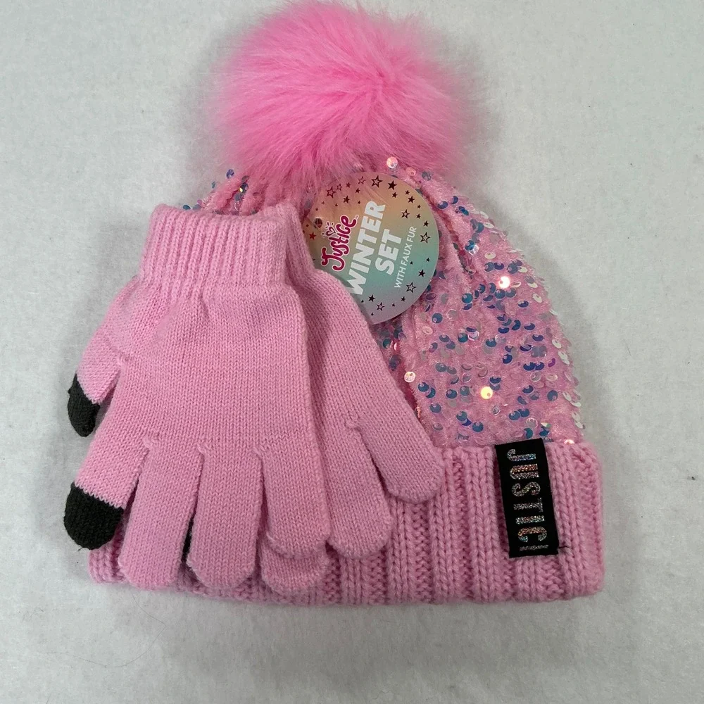 Justice Girls Pink Sequin Beanie and Gloves Winter Set Faux Fur Pom NWT